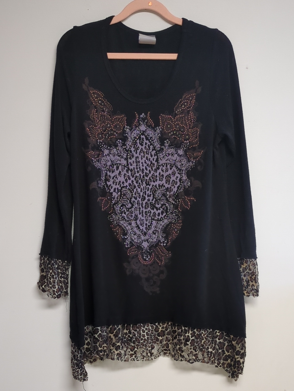 Vocal Bedazzled Tunic with Purple Leopard Medallion and Leopard Lace Trim